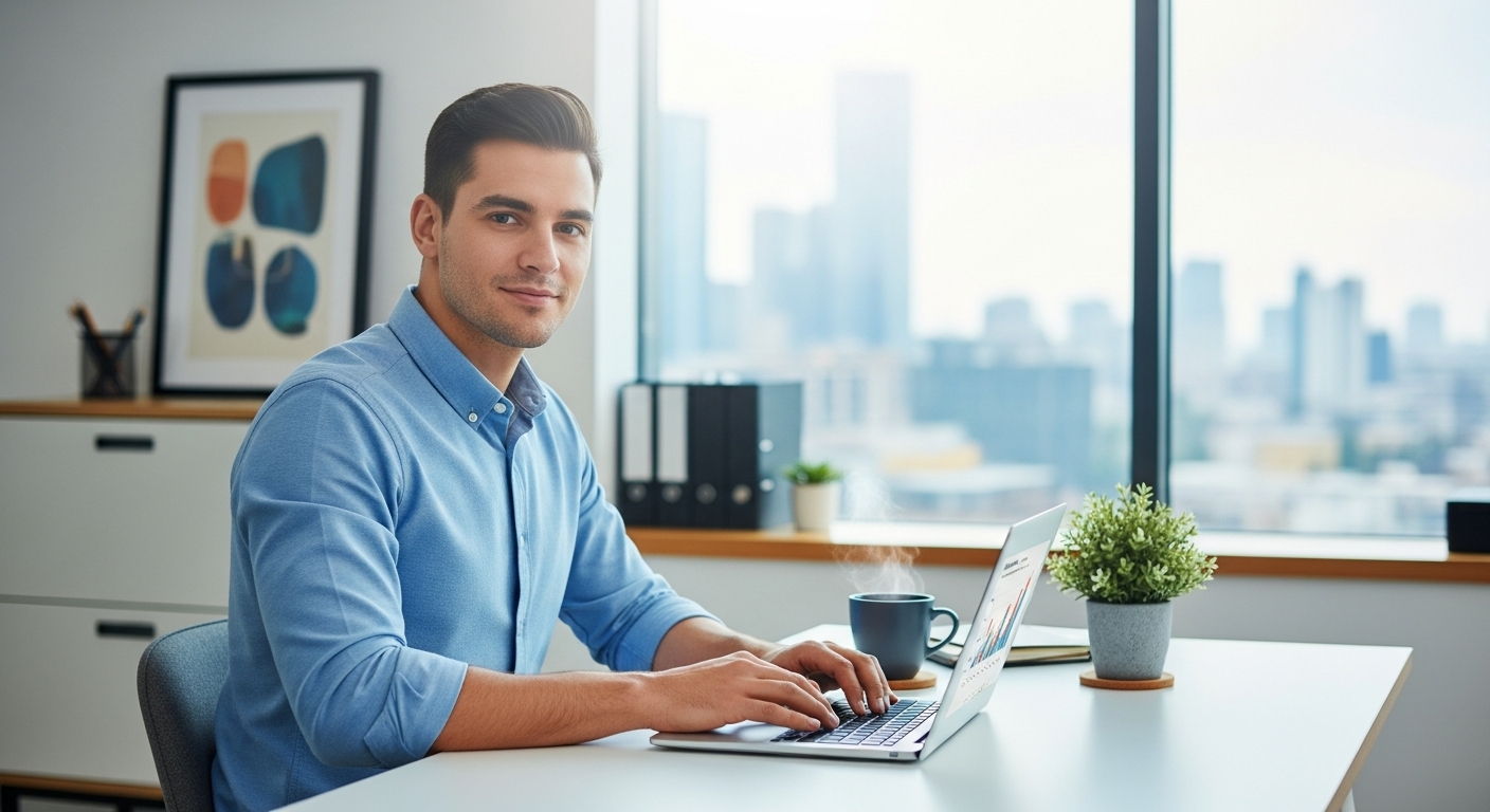 Man working in an office with a city in the background out the window